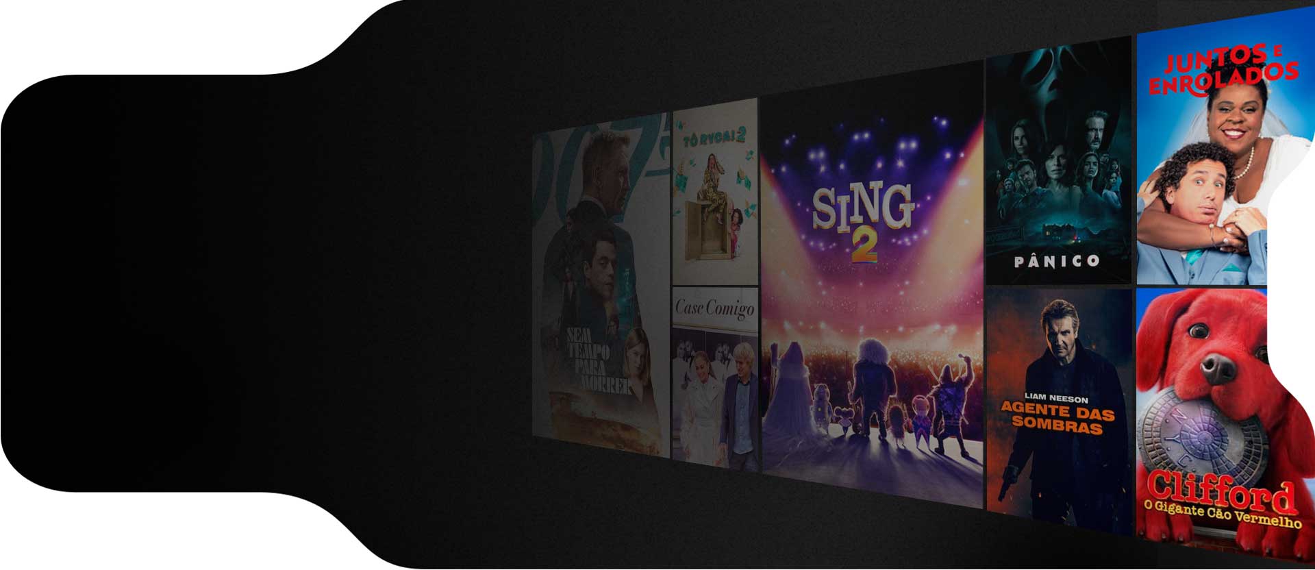 Imagem composta de cartazes de filmes como Sing 2, Agente das Sombras, Pânico e outros.