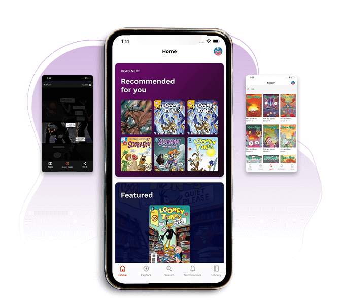 Imagem de um smartphone exibindo telas do aplicativo Supercomics.
