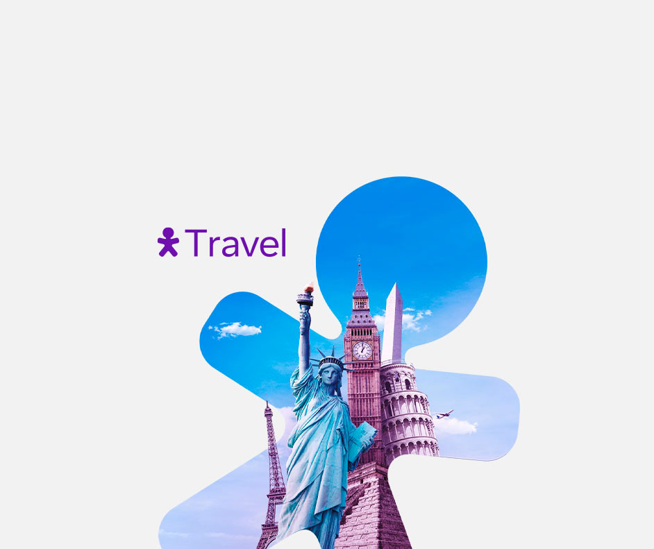 Imagem de monumentos turísticos dentro de um recorte do Vivinho. Lê-se: "Vivo Travel".