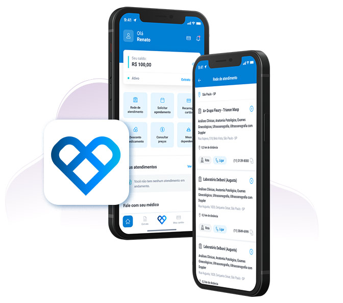 Imagem de dois celulares com app Vale Saúde abertos. Ícone do app Vale Saúde.