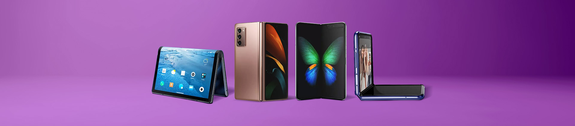Imagem de vários modelos de celulares dobráveis.