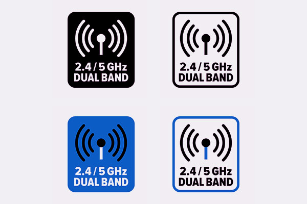 4 símbolos de wi-fi escrito 2.4 e 5 Giga hertz dual band