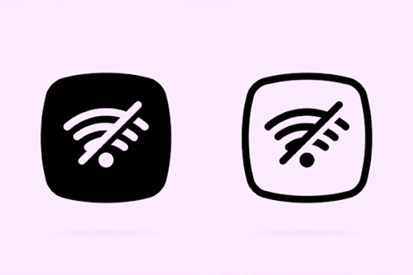 Ilustração de dois símbolos wi-fi com um traço diagonal em cima de desativado