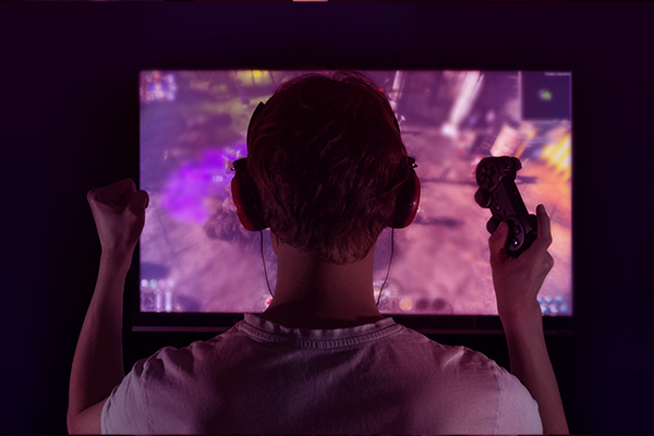 Imagem de um jogador de costas, comemorando enquanto joga no computador.