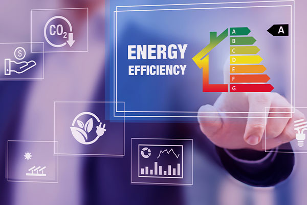 Mão apontando o selo de eficiência energética nos ícones digital . 