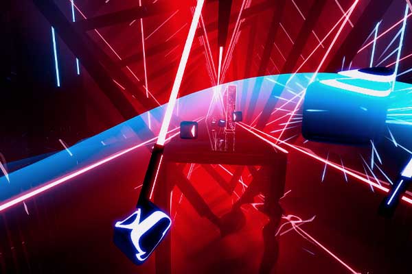 Luzes azul e vermelha do jogo Beat Saber, um jogo rítmico