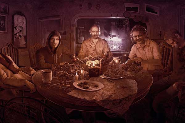 Cena do jogo  Resident Evil 7: Biohazard, pessoas sentada na mesa realizando uma refeição. 