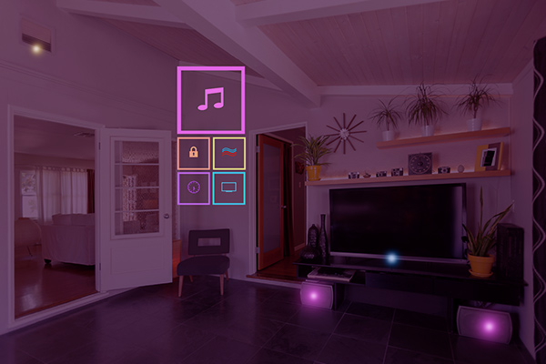 Imagem da sala de uma casa. Sobre a foto, ícones de música e segurança.