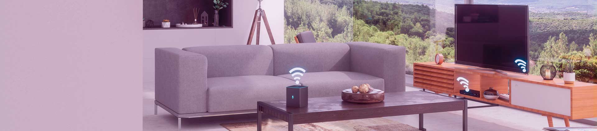 Sala em tons neutros com um sofá e vários aparelhos conectados por meio de um controle universal