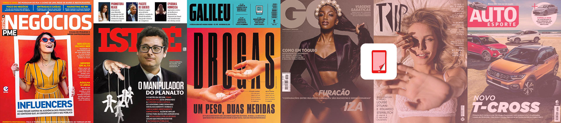 Imagem com montagem de capas de revistas digitalizadas, como Istoé, Galileu e Trip.
