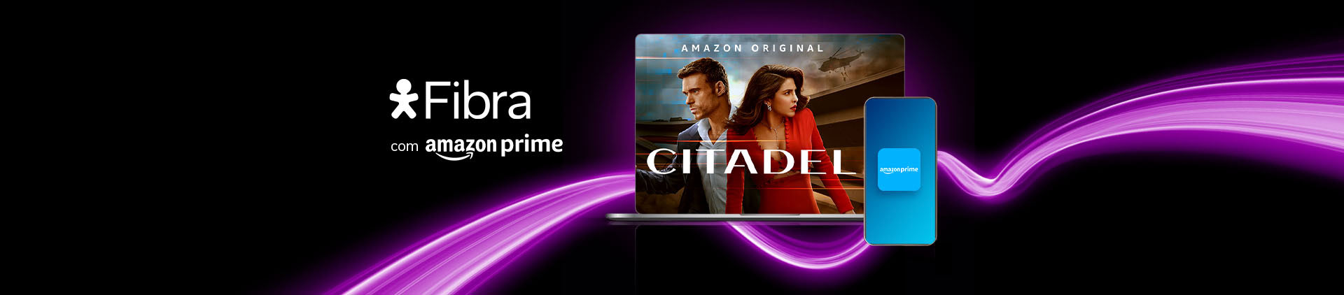 Imagem de um notebook com cena da série "Citadel" e o logo Amazon Prime. Lê-se: "Vivo Fibra".