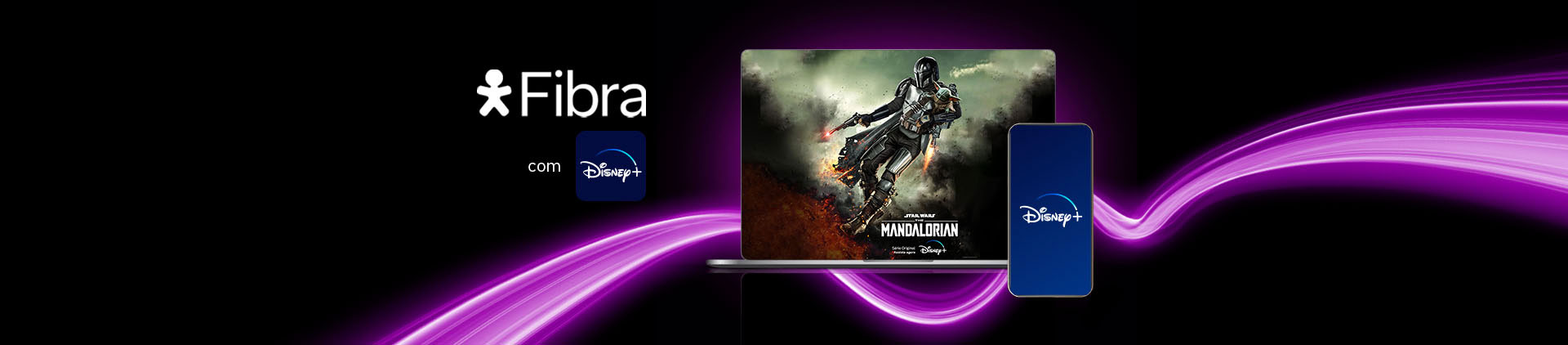 Imagem de um notebook com cena da série The Mandalorian e o logo Disney+. Lê-se: Vivo Fibra. 