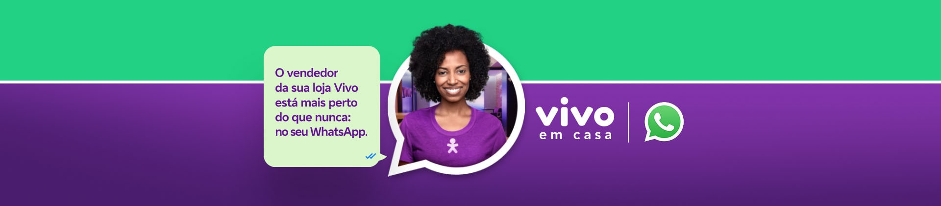 Imagem de uma mulher sorrindo e com um texto indicando que há vendedores por whatsapp.