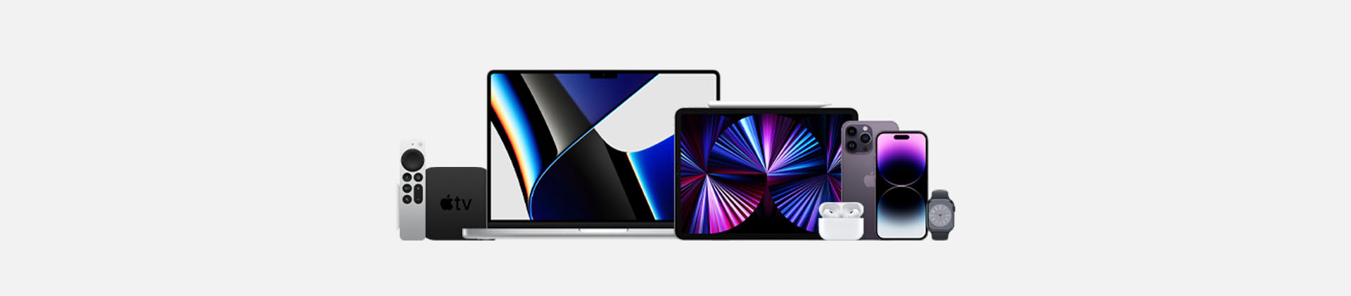 Imagem de vários produtos Apple.