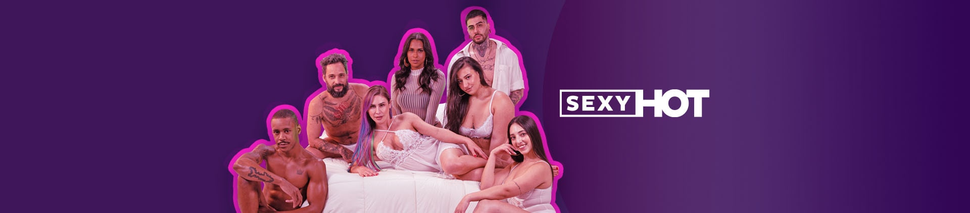 Imagem de diversos atores em cima da cama e ao lado o logo do Sexy Hot