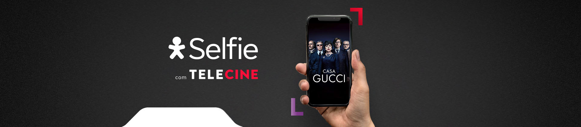 Imagem de uma mão segurando um celular. Lê-se: "Vivo Selfie Telecine".