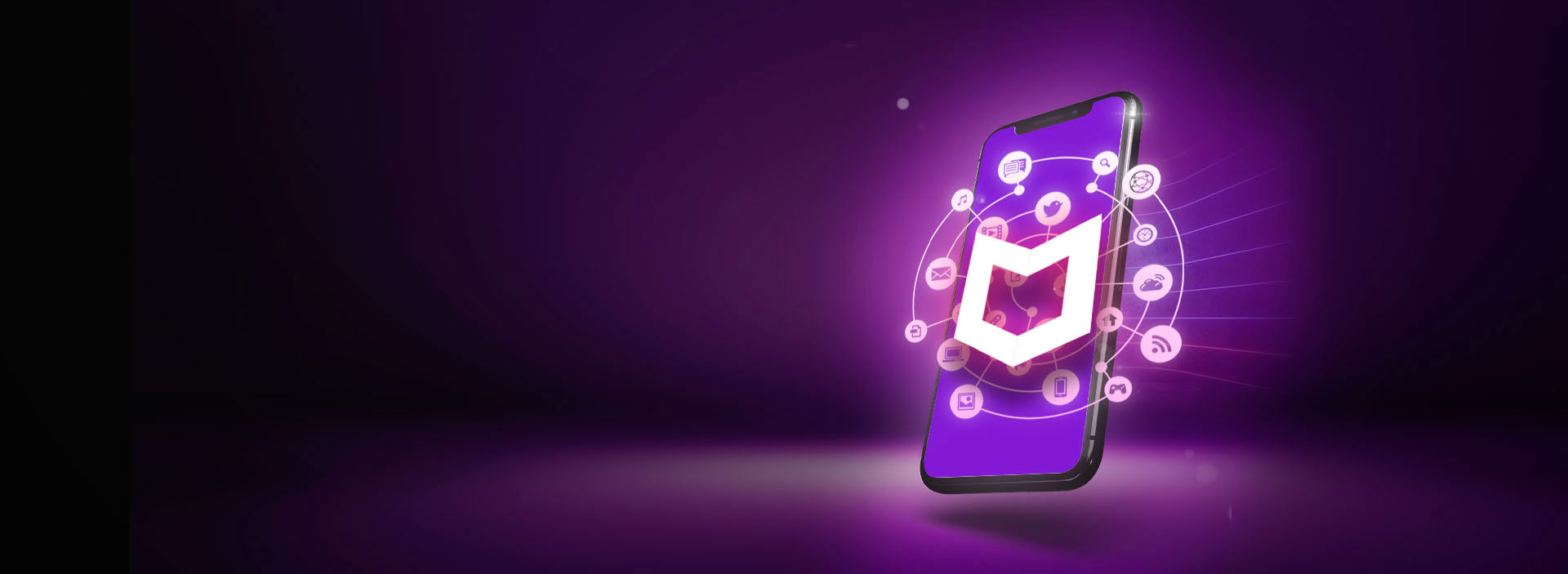 Imagem de um celular com o logo do McAfee. Ao redor, flutuam ícones de tecnologia e segurança.