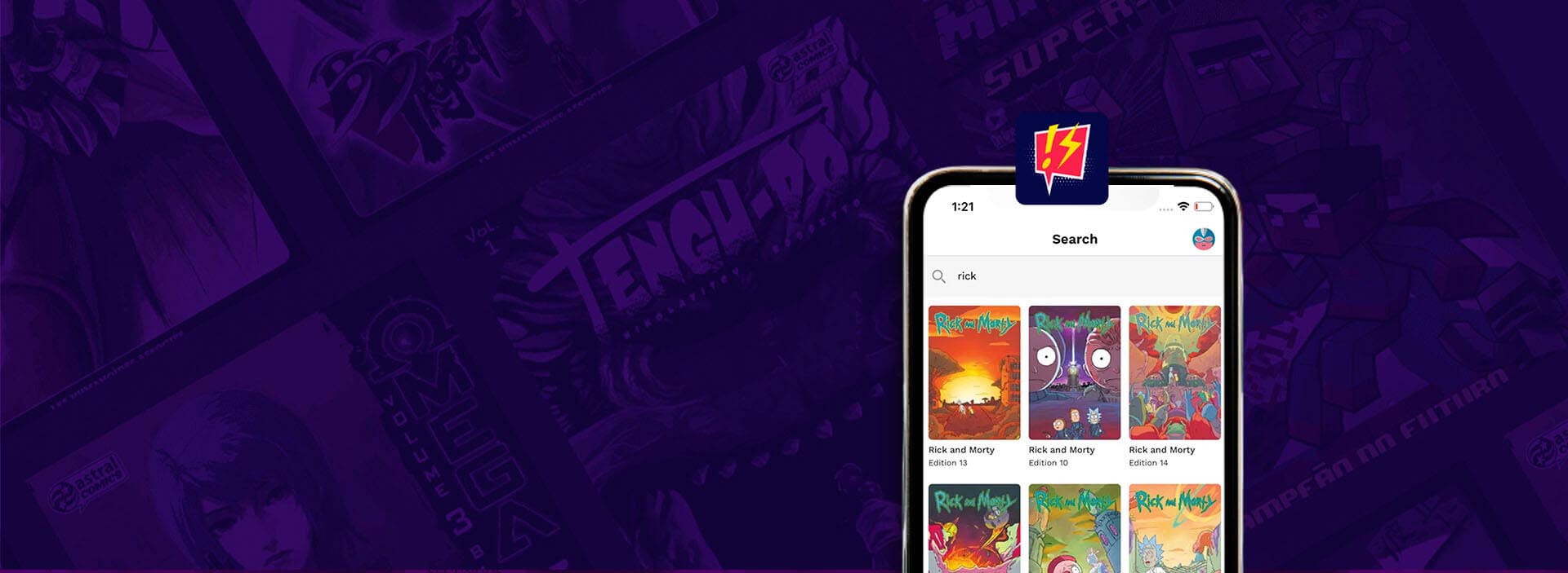 Imagem de um smartphone exibindo uma tela do aplicativo Supercomics.