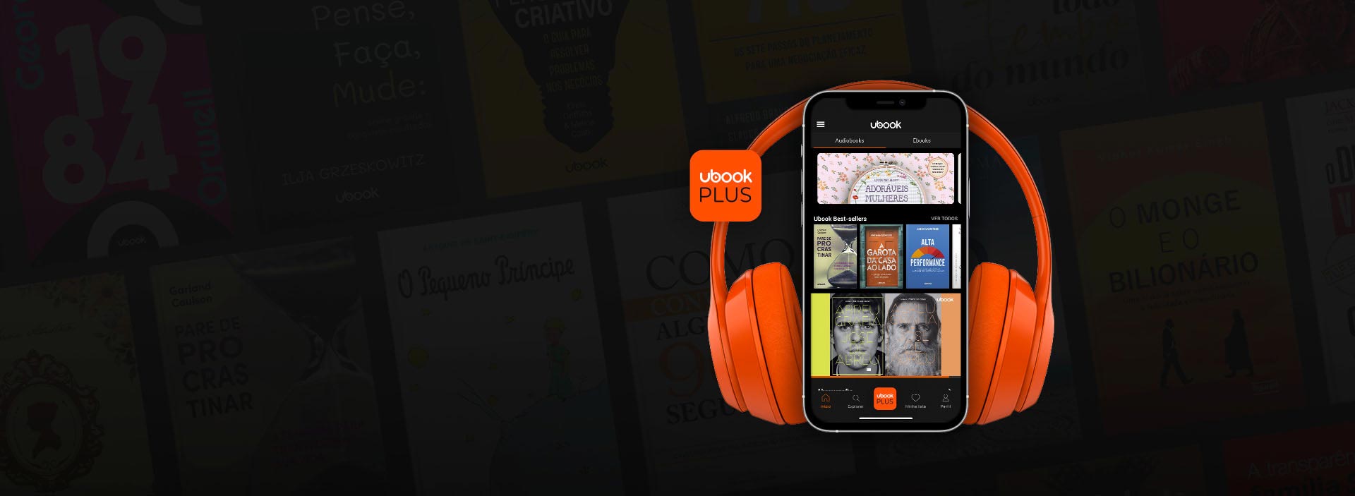Imagem de um celular junto de um fone de ouvido laranja e o logo Ubook Plus.