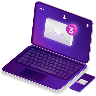 Ilustração de um notebook e um celular, ambos com notificações de email nas telas.