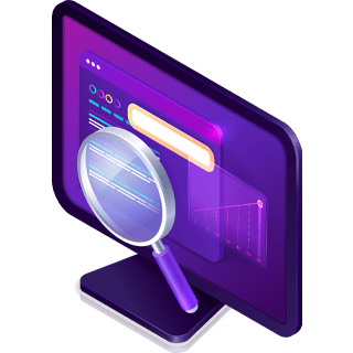 Ilustração de um monitor de computador e uma lupa.