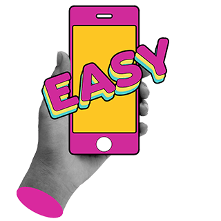 Ilustração de uma mão, segurando um celular com a palavra Easy em destaque na tela