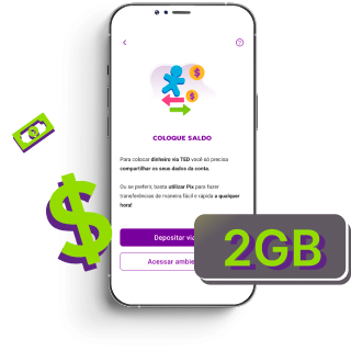 Imagem de um celular com a tela do Vivo Pay exibida, ao lado um box escrito "2GB"