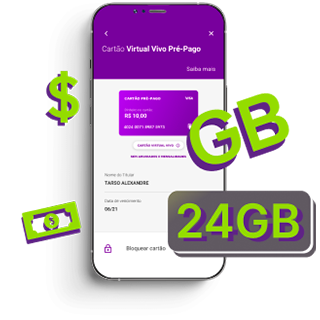 Imagem de um celular com a tela do Vivo Pay exibida, ao lado um box escrito "24GB"