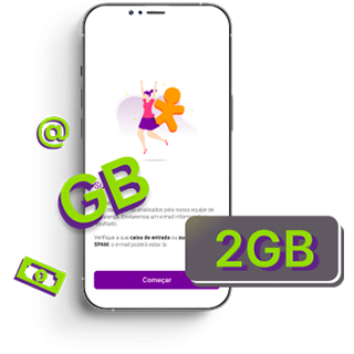 Imagem de um celular com a tela do Vivo Pay exibida, ao lado um box escrito "2GB"