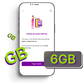 Imagem de um celular com a tela do Vivo Pay exibida, ao lado um box escrito "6GB"