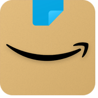 Logo representando caixa de papelão com logo seta da Amazon e um adesivo azul.