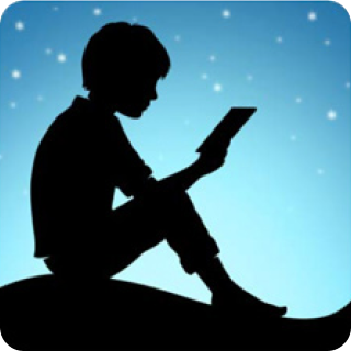 Ilustração de um menino sentado no chão abaixo de um céu estrelado lendo no Kindle.