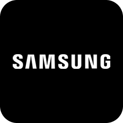 Logo da Samsung na cor branca em fundo preto